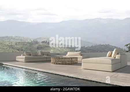 Lounge-Zone im skandinavischen Design auf dem Balkon. Großes Sofa mit Swimmingpool und Naturblick im Hintergrund. Haus Terrasse 3d Rendering Illustration. Stockfoto