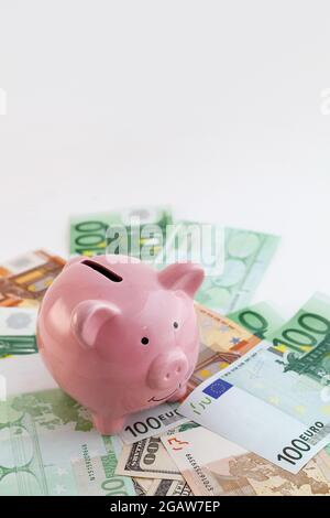 Schweinebank, Euro-Banknoten und US-Dollar auf isoliertem weißem Hintergrund Stockfoto