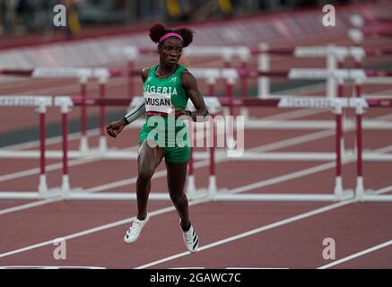 1. August 2021: Tobi Amusan bei 100-Meter-Hürden für Frauen bei den Olympischen Spielen in Tokio, Olympiastadion in Tokio, Tokio, Japan}. Kim Price/CSM Stockfoto