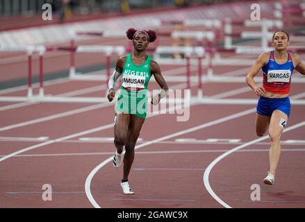 1. August 2021: Tobi Amusan bei 100-Meter-Hürden für Frauen bei den Olympischen Spielen in Tokio, Olympiastadion in Tokio, Tokio, Japan}. Kim Price/CSM Stockfoto