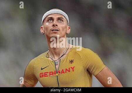 Tokio, Japan. August 2021. Leichtathletik: Olympische Spiele, 400-m-Hürden Männer, Constantin Preis aus Deutschland. Quelle: Michael Kappeler/dpa/Alamy Live News Stockfoto