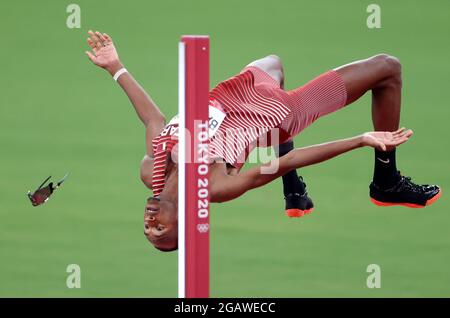 01. August 2021, Japan, Tokio: Leichtathletik: Olympische Spiele, Hochsprung-Finale, Mutaz Essa Barshim aus Katar. Foto: Oliver Weiken/dpa Stockfoto