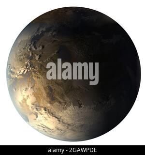 Kepler-186f, der erste erdgroße Planet in der habitablen Zone. Gold-Super-Erde-Exoplanet im Sternbild Cygnus isoliert auf weißem Hintergrund Stockfoto