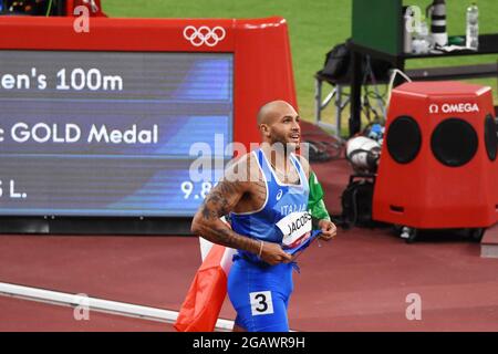 Lamont Marcell Jacobs (ITA) Olympiasieger auf 100 m bei den Olympischen Spielen Tokio 2020, Leichtathletik, am 1. August 2021 im Tokyo Olympic Stadium in Tokio, Japan - Foto Yoann Cambefort / Marti Media / DPPI Stockfoto