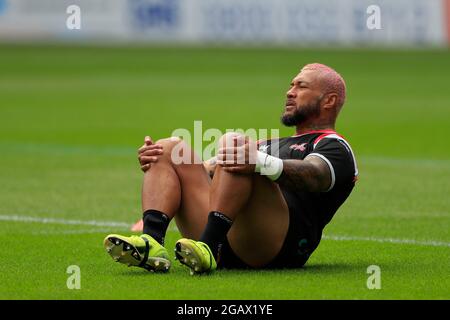 Wigan, Großbritannien. August 2021. Junior Sa'U #4 von Leigh Centurions während des Vorspiels in Wigan, Großbritannien, am 8/1/2021. (Foto von Conor Molloy/News Images/Sipa USA) Quelle: SIPA USA/Alamy Live News Stockfoto