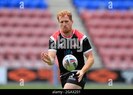 Wigan, Großbritannien. August 2021. Jordan Thompson #12 von Leigh Centurions während des Pre-Game Warm Up in Wigan, Großbritannien am 8/1/2021. (Foto von Conor Molloy/News Images/Sipa USA) Quelle: SIPA USA/Alamy Live News Stockfoto