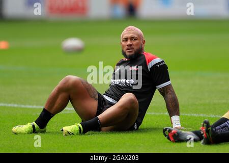 Wigan, Großbritannien. August 2021. Junior Sa'U #4 von Leigh Centurions während des Vorspiels in Wigan, Großbritannien, am 8/1/2021. (Foto von Conor Molloy/News Images/Sipa USA) Quelle: SIPA USA/Alamy Live News Stockfoto