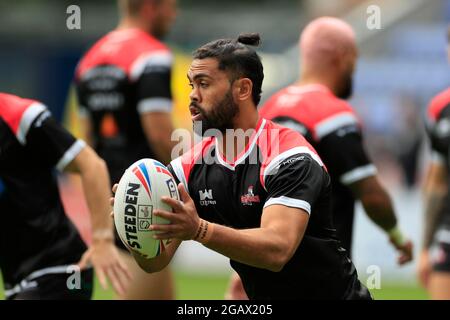 Wigan, Großbritannien. August 2021. Mark Ioane #10 von Leigh Centurions während des Vorspiels in Wigan, Großbritannien, am 8/1/2021. (Foto von Conor Molloy/News Images/Sipa USA) Quelle: SIPA USA/Alamy Live News Stockfoto