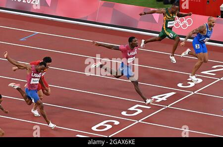 Tokio, Japan. August 2021. Athleten treten beim 100-m-Finale der Männer bei den Olympischen Spielen 2020 in Tokio, Japan, am 1. August 2021 an. Quelle: Li Yibo/Xinhua/Alamy Live News Stockfoto