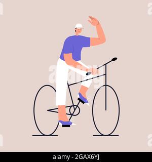 Ein glücklicher Mann mit weißer Mütze fährt mit dem Fahrrad und winkt mit der Hand. Umweltfreundlicher Stadtverkehr. Lebensstil nach der Quarantäne. Vektorgrafik in flacher Form Stock Vektor