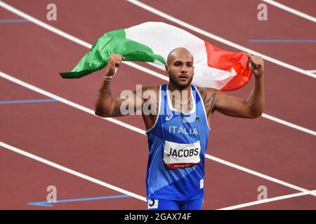 Lamont Marcell Jacobs (ITA) Olympiasieger von 100 m bei den Olympischen Spielen Tokio 2020, Leichtathletik, am 1. August 2021 im Olympiastadion in Tokio, Japan - Foto Yoann Cambefort / Marti Media / DPPI Stockfoto