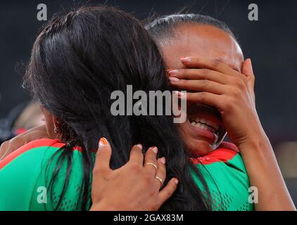 Tokio, Japan. August 2021. Ana Peleteiro aus Spanien reagiert während des Dreisprungfinales der Frauen bei den Olympischen Spielen 2020 in Tokio, Japan, am 1. August 2021. Quelle: Li Ming/Xinhua/Alamy Live News Stockfoto