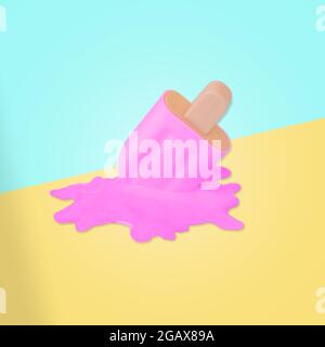 Eiscreme mit rosa Stäbchen, die auf pastellgelbem und blauem Hintergrund schmelzen. Kreative Idee, minimales Sommerkonzept. Stockfoto