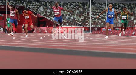 Tokio, Japan. August 2021. Athleten treten beim 100-m-Finale der Männer bei den Olympischen Spielen 2020 in Tokio, Japan, am 1. August 2021 an. Quelle: Li Gang/Xinhua/Alamy Live News Stockfoto