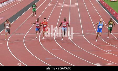 Tokio, Japan. August 2021. Athleten treten beim 100-m-Finale der Männer bei den Olympischen Spielen 2020 in Tokio, Japan, am 1. August 2021 an. Quelle: Jia Yuchen/Xinhua/Alamy Live News Stockfoto