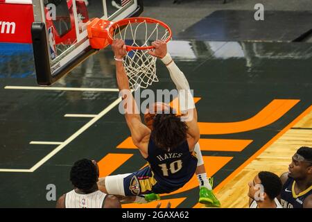Orlando, Florida, USA, 19. Februar 2021, New Orleans Pelicans Center Jaxson Hayes #10 macht einen Abstossen gegen die Orlando Magic im Amway Center (Foto: Marty Jean-Louis) Stockfoto