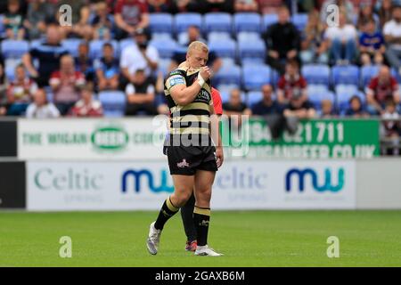 Wigan, Großbritannien. August 2021. Jack Ashworth #34 von Leigh Centurions wird am 8/1/2021 in Wigan, Großbritannien, verschickt. (Foto von Conor Molloy/News Images/Sipa USA) Quelle: SIPA USA/Alamy Live News Stockfoto