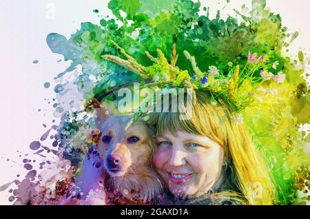 Eine glückliche Erwachsene Frau, die ein süßes Mischlingstier in den Armen hält. Ein Kranz aus Wiesenblumen auf dem Kopf eines schönen Weibchens. Freude, Positivität. Digital Stockfoto