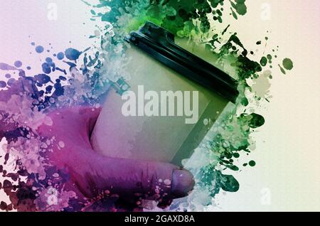 Digitale Aquarellmalerei einer mans Hand, die eine Papierkaffeetasse mit einem Deckel hält. Mann hält eine Tasse mit einem schwarzen Deckel für heiße Getränke zum Mitnehmen. E Stockfoto