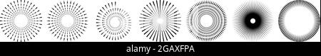 Satz von radialen, strahlenden, konzentrischen und kreisförmigen Linien. Abstraktes geometrisches Motiv, Mandala, Design-Element – Stock-Vektor-Illustration, Clip-Art-Grafik Stock Vektor