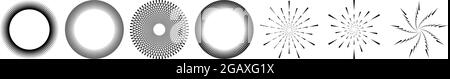 Satz von radialen, strahlenden, konzentrischen und kreisförmigen Linien. Abstraktes geometrisches Motiv, Mandala, Design-Element – Stock-Vektor-Illustration, Clip-Art-Grafik Stock Vektor