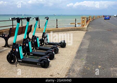 Beryl, Batterie, E-Scooter, E, Strand, 1, Roller, Verleih, Roller, Gurnard, Isle of Wight, England, Großbritannien, Großbritannien, Großbritannien, Stockfoto