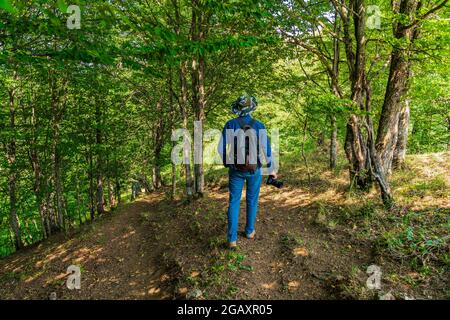 Fotograf Reisende mit einem Rucksack Spaziergänge im Wald entlang des Weges Stockfoto