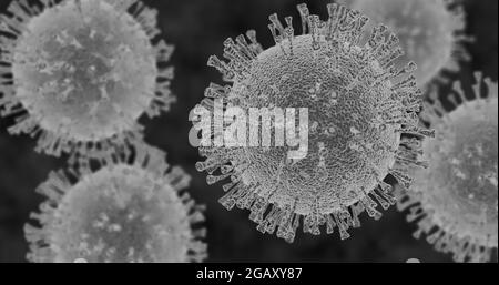 3d-Simulation des Corona-Virus. Künstlerische Darstellung der Elektronenmikroskop-Visualisierung. Hochwertige 4k-Aufnahmen Stockfoto