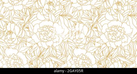Nahtloses Muster mit goldenen Linien, schönen Blättern aus Pfingstrosen, Blumen und weißen Knospen. Stock Vektor