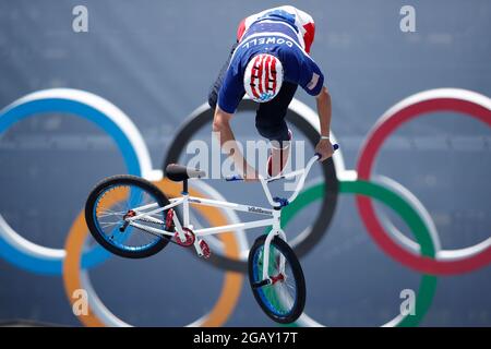 1. August 2021: JUSTIN DOWELL (USA) tritt im Ariake Sports Park BMX Freestyle beim Finale des Cycling BMX Racing Men's Park bei den Olympischen Spielen 2020 in Tokio an. (Bild: © Rodrigo Reyes Marin/ZUMA Press Wire) Stockfoto