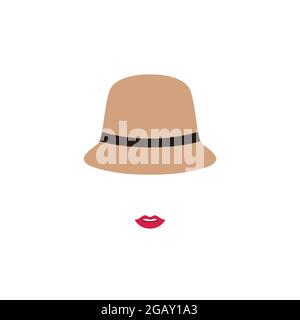 Frau mit roten Lippen im Retro-Hut. Vektor-Emblem Design-Vorlage mit Mädchen Silhouette. Konzept für Schönheitssalon, Accessoires, Mode, Kosmetik. Stock Vektor