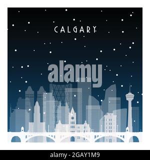 Winternacht in Calgary. Nachtstadt im flachen Stil für Banner, Poster, Illustration, Hintergrund. Stock Vektor