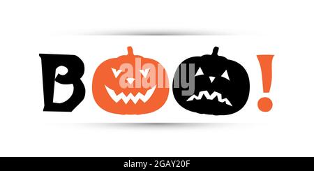 Halloween-Party-Banner. Stilisierte Inschrift BOO mit Kürbis. Vektordesign-Vorlage. Stock Vektor