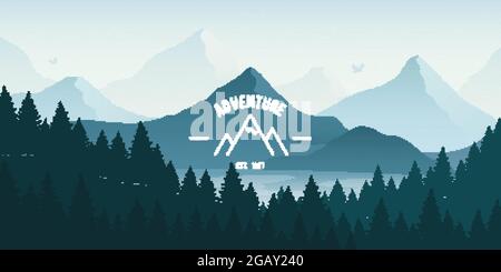 Horizontale Landschaft mit Wald, See und Bergen. Vektorgrafik Stock Vektor