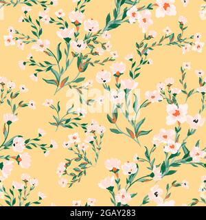 Schönes Blumenmotiv. Rosa Blüten in einem nahtlosen Muster auf einem sanften gelben Hintergrund verflochten Stock Vektor