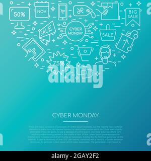 Sammlung von Cyber Monday-Symbolen. Banner mit Sale-Symbolen und Platz für Text. Vektor-Vorlage für Werbedesign. Stock Vektor