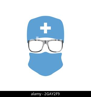 Chirurg mit Hut, Maske und Brille. Arztsymbol. Vektorgrafik. Stock Vektor