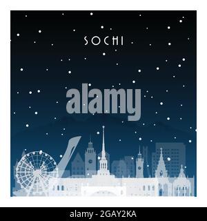 Winternacht in Sotschi. Nachtstadt im flachen Stil für Banner, Poster, Illustration, Hintergrund. Stock Vektor