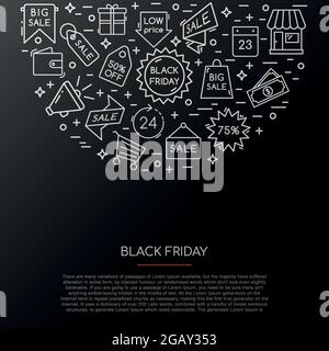 „Black Friday“-Ikonen-Kollektion. Banner mit Sale-Symbolen und Platz für Text. Vektor-Vorlage für Werbedesign. Stock Vektor