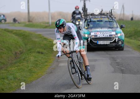 Gien, Frankreich. März 2021. Nils Pollit (Team Bora Hansgrohe) in Aktion während der 3. Etappe des Radrennens Paris-Nizza.die 3. Etappe ist ein Einzelzeitfahren von 14, 4 Kilometer um die Stadt Gien (Burgund). Etappensieger ist der Schweizer Stefan Biffegger vom Team EF Education - Nippo. (Foto: Laurent Coust/SOPA Images/Sipa USA) Quelle: SIPA USA/Alamy Live News Stockfoto