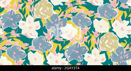Einfaches, nahtloses Muster aus handgezeichneten Gouache-Blumen, abstrakter, farbenfroher Hintergrund. Stock Vektor