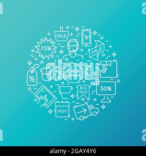 Cyber Monday Sale Icons Kollektion. Kreiszusammensetzung mit Liniensymbol. Vektor-Vorlage für Werbedesign. Stock Vektor