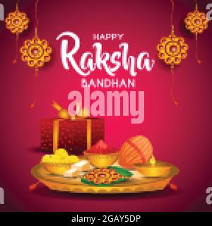 Happy Raksha Bandhan Feier Konzept. Schön dekoriert Thali, Teller mit Rakhi, Sweet und irdenen Lampe. vektor-Illustration Stock Vektor