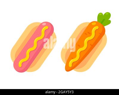 Cartoon-Hotdog-Ikone, vegane Karotte im Brötchen und Wurst mit Senf. Komischer Vegetarier-Hotdog. Vektorgrafik Clip Art Illustration. Stock Vektor