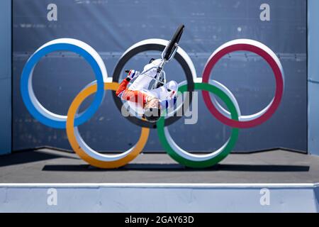 Tokio, Japan. August 2021. Olympische Spiele: Radfahren der BMX-Freestyle im Ariake Sports Park in Tokio. © ABEL F. ROS / Alamy Live News Stockfoto