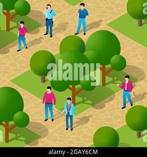 Stadtpark mit Bäumen und Menschen zu Fuß Urlauber Lifestyle-Szene Stock Vektor