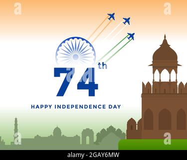 75. Unabhängigkeitstag Indiens Begrüßung mit dreifarbiger indischer Flagge. Vorlage für Website und Social Media am 15. August. Stock Vektor