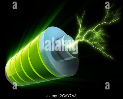 3D-Darstellung einer grünen Batterie Stockfoto