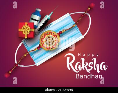 Ndian Festival Happy Raksha Bandhan Grußkarte mit dekorativen Rakhi, chirurgische Maske, Vektor-Illustration-Design. Covid19, Corona-Virus-Konzept Stock Vektor