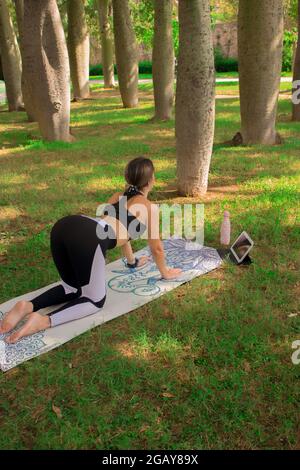 Vertikales Bild eines jungen Mädchens, das die Kuhpose macht, während sie sich im Sommer an einem sonnigen Tag im Stadtpark entspannt. Pilates Outdoor 2021. Stockfoto